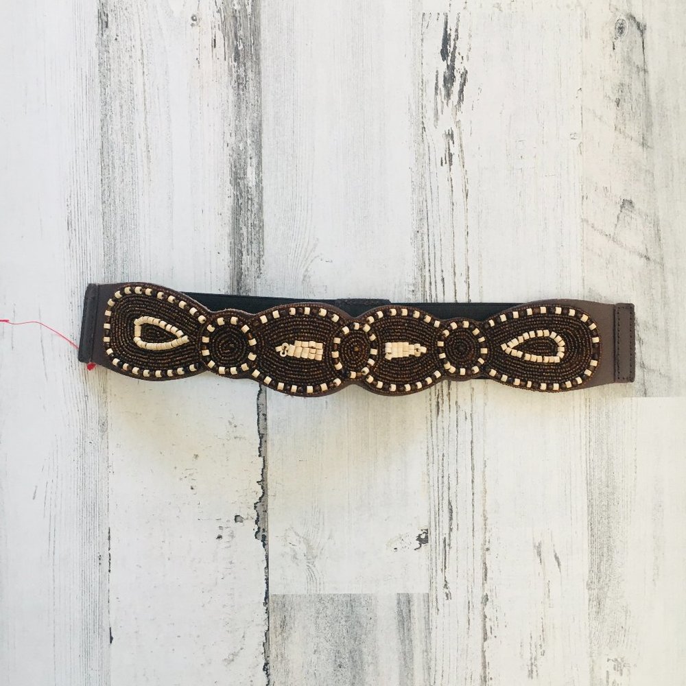 Anthropologie Beaded Leather Belt Brown Statement